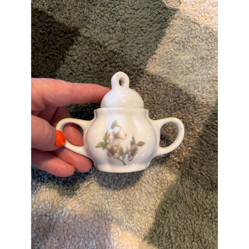Miniature Ceramic Sugar Bowl with Lid White Floral Dollhouse Tea Accessory